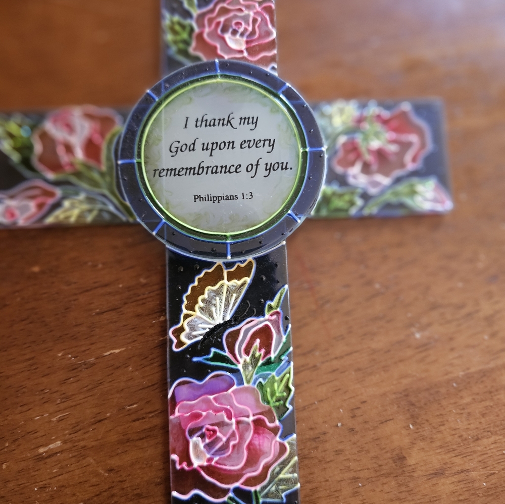 Art Glass Cross Crucifix Suncatcher With bible quote amia Hand Painted on Bevele